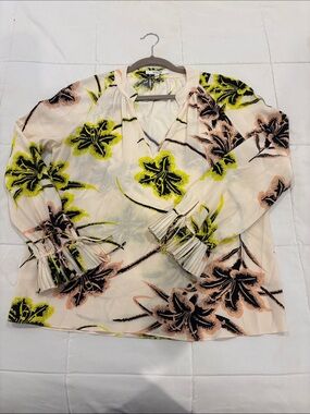Derek Lam Helena Blue Floral V-Neck Tie Cuff Blouse